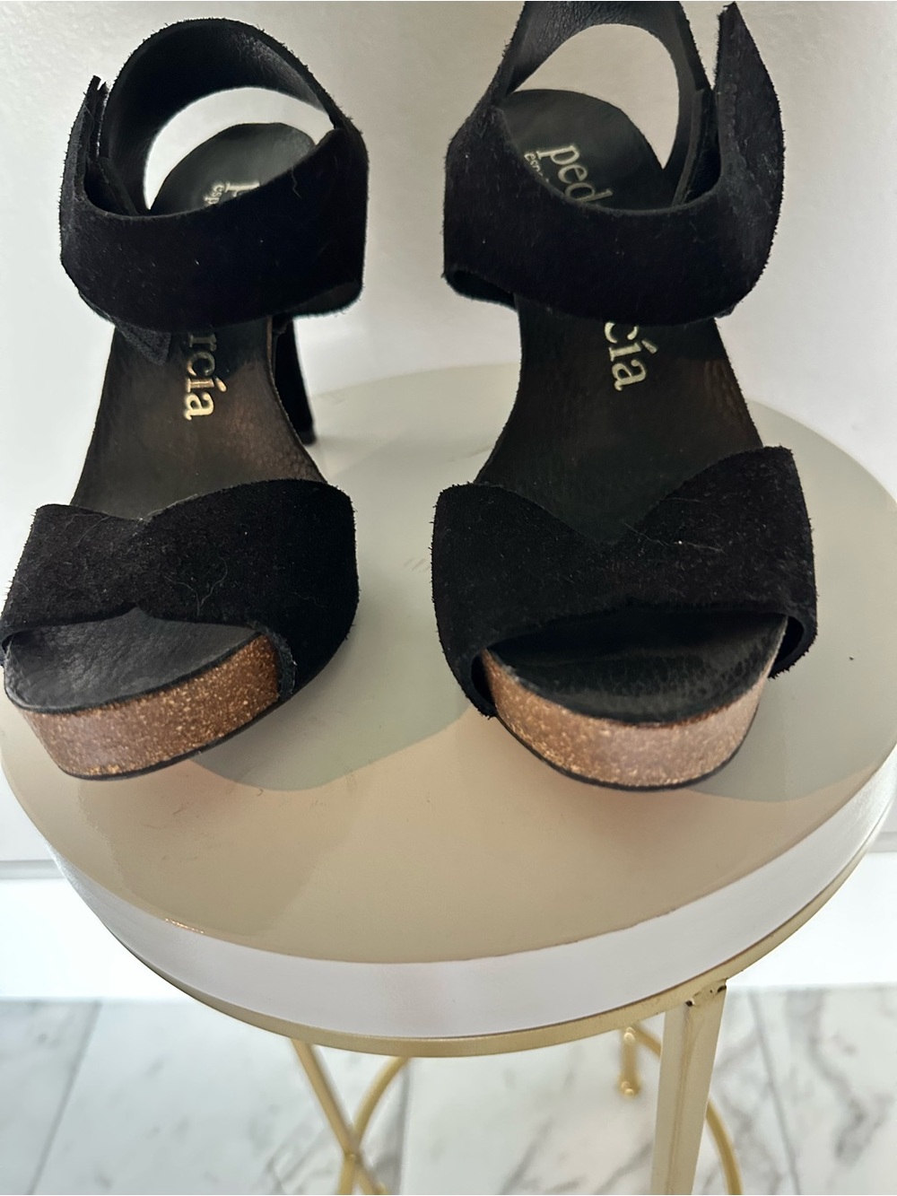 Pedro Garcia Black Suede Platform Sandals with Metallic Cork Detail